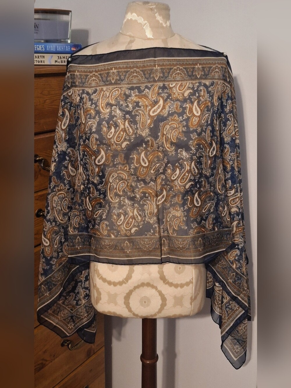 Paisley Sheer Kimono Style Scarf in Navy and  Tan